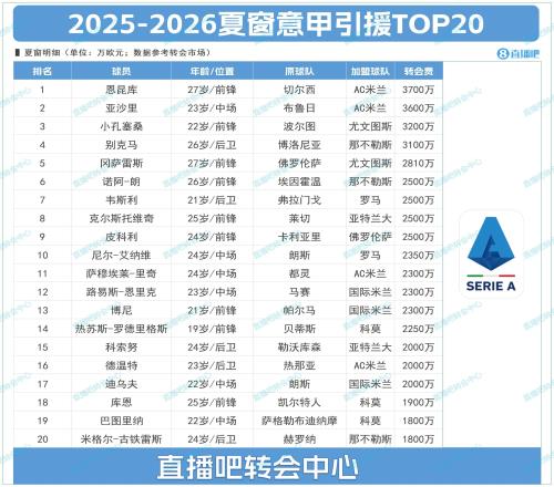 意甲夏窗TOP20：米蘭包攬前二，恩昆庫(kù)3700萬(wàn)標(biāo)王亞沙里3600萬(wàn)
