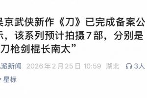 媒體人：吳京武俠新作《刀》已完成備案公示，該系列預計拍攝7部