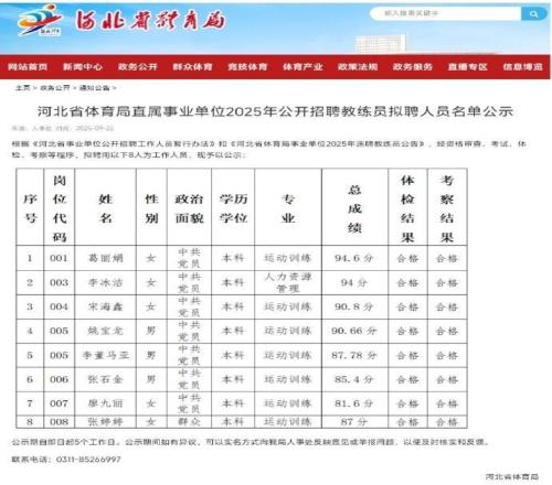 河北省體育局公開招聘教練員擬聘人員名單公示，李冰潔在列